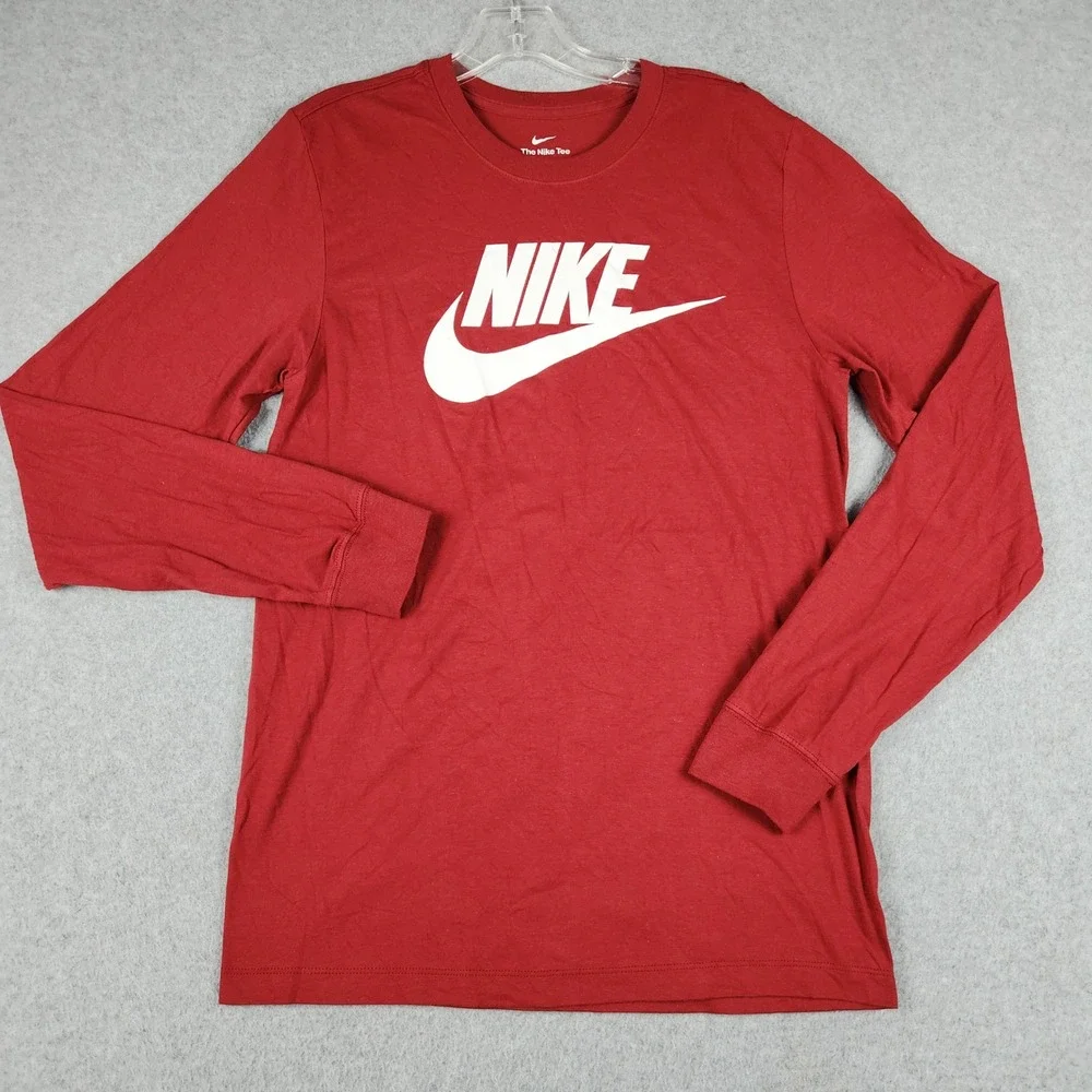 Nike T-Shirt Mens Small Red Cotton‎ Long Sleeve Slim Fit Crewneck Spell Out Logo